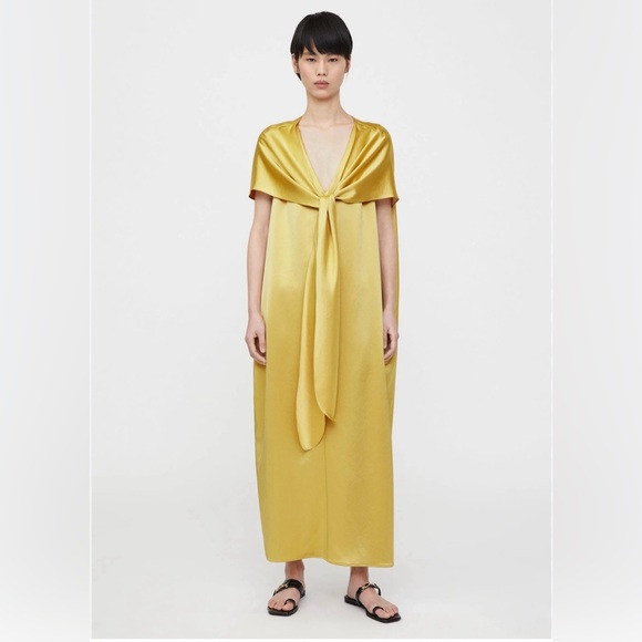 NWOT Totême | Hay Gold Knot Detail Cape Satin Dress - Picture 2 of 6